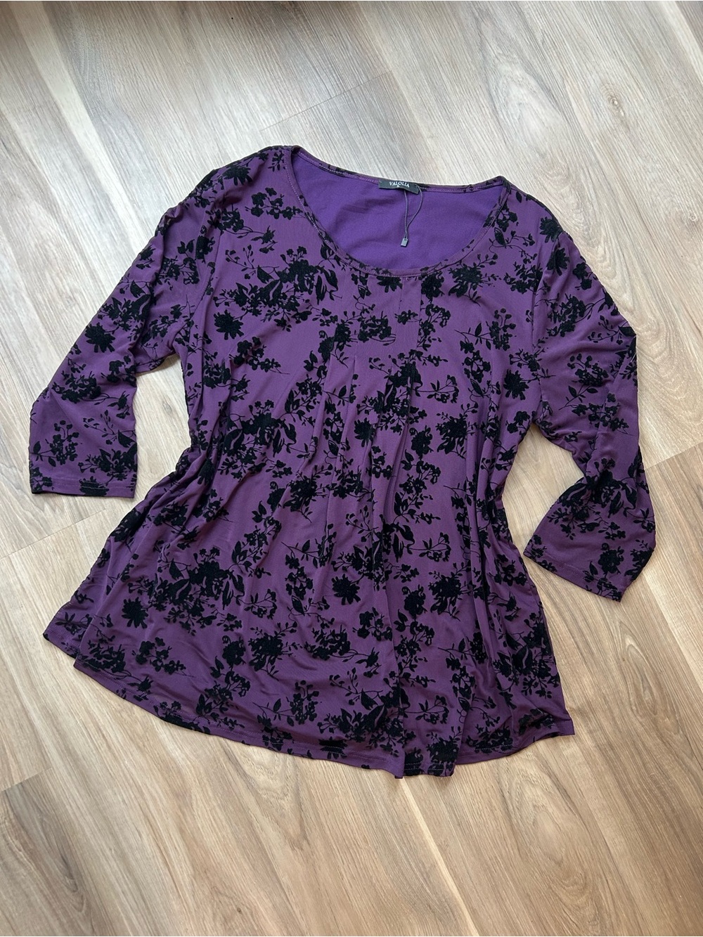 Whimsigoth Valolia sheer purple scoop neck blouse with black floral print